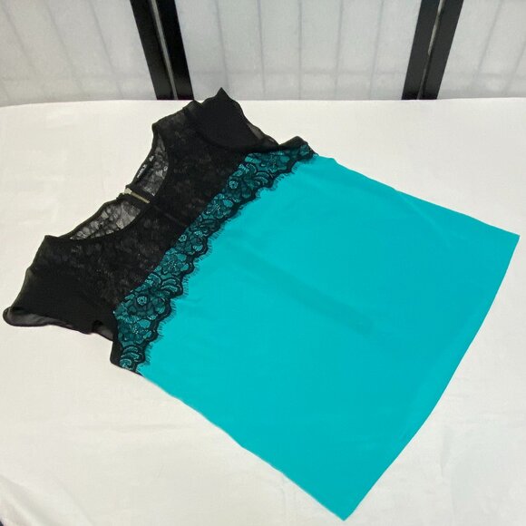 Allen B Allen Schwartz Sheer Lace Bodice Cap Sleeve Back Zip Top Turquoise Black - Picture 8 of 11